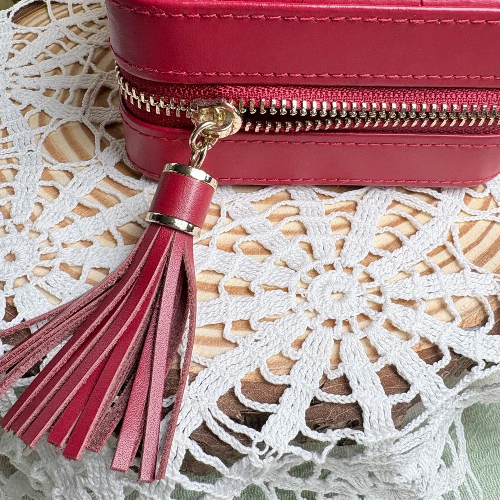 WOLF Red Square Jewelry Case Travel Organizer Quilted Tassel Leather